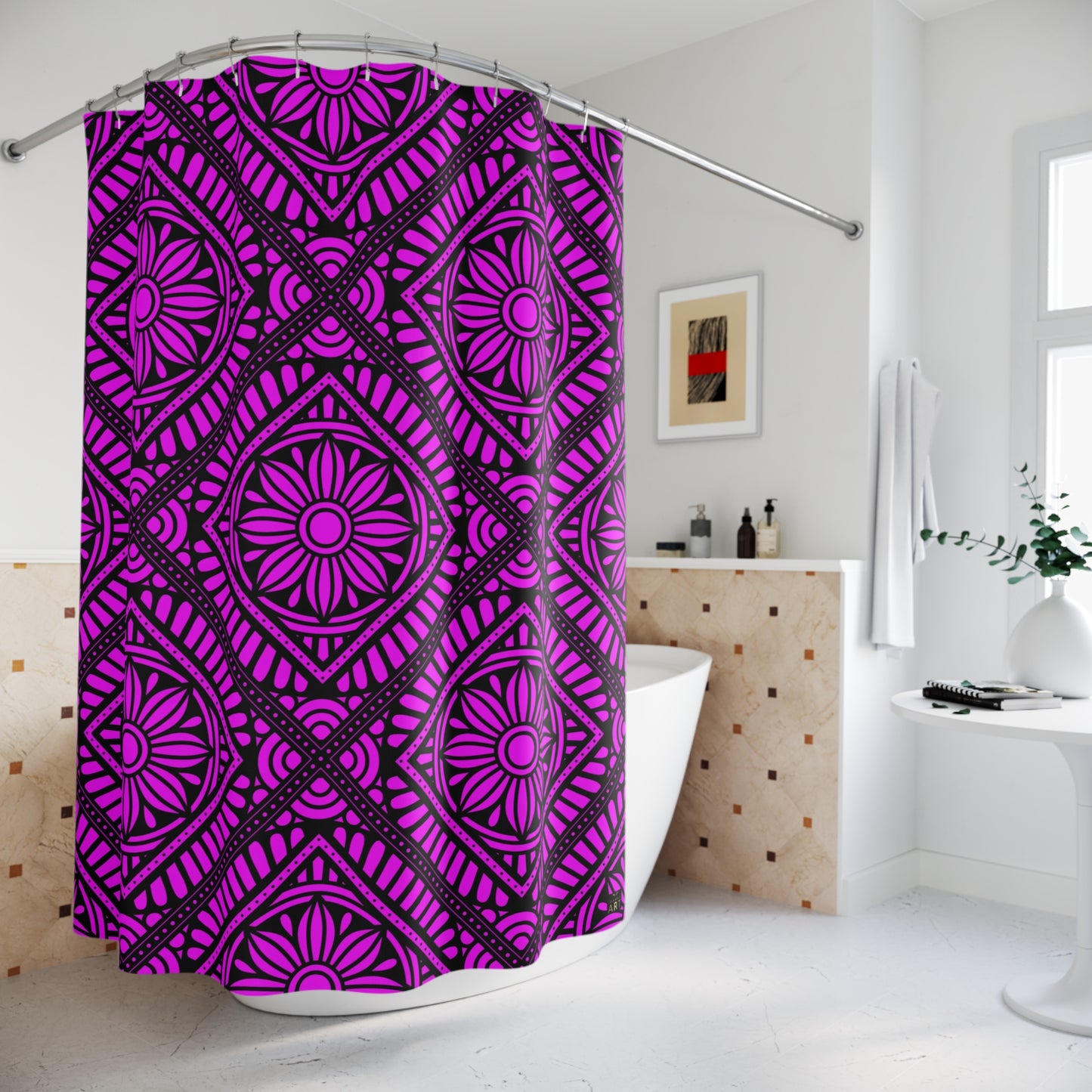 Purple Geometric Floral Pattern Shower Curtain | Boho Bathroom Decor