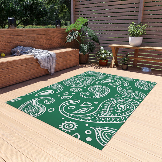 Green Paisley Pattern Outdoor/Indoor Rug | Waterproof Patio Mat
