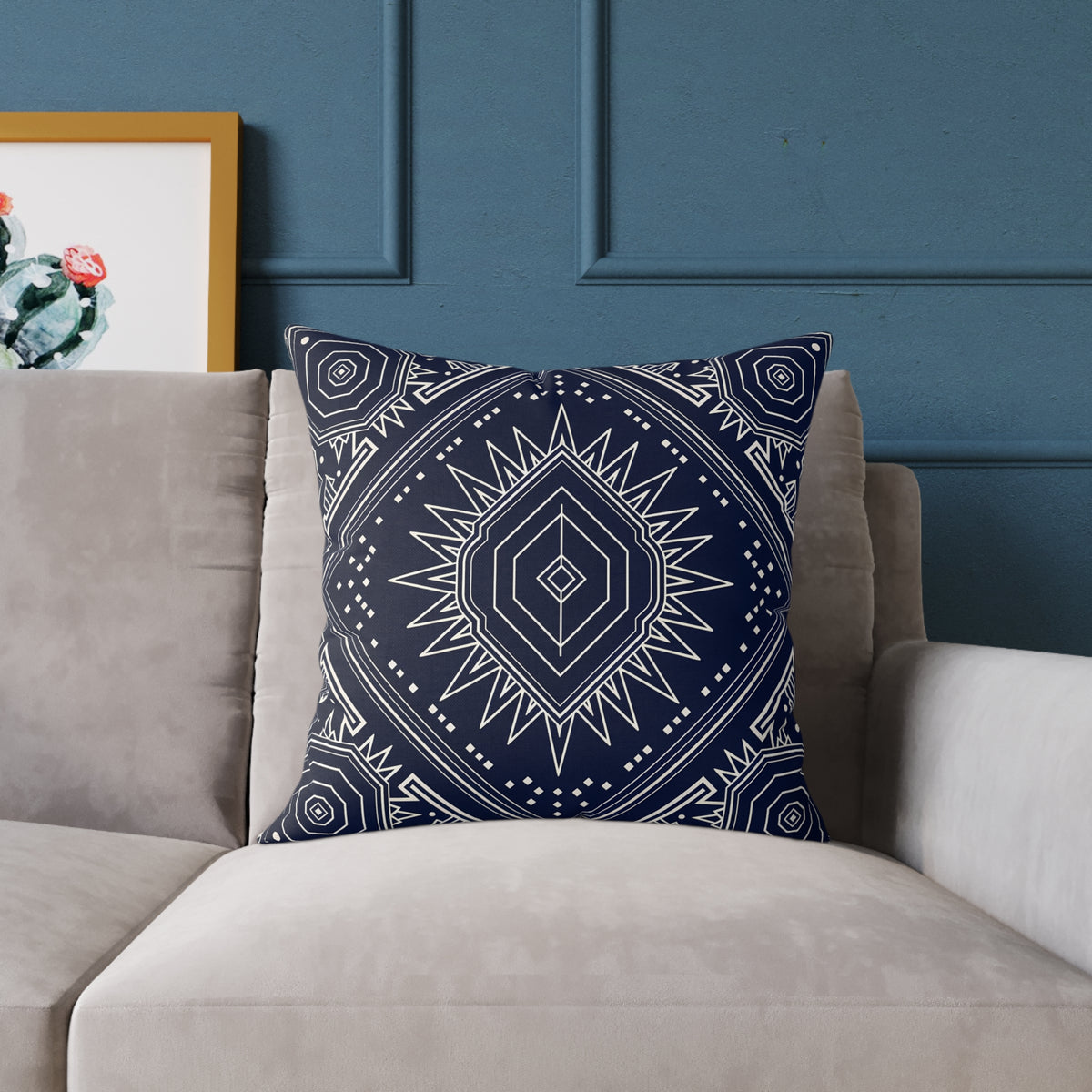 Navy Mandala Starburst Square Pillow | Boho Geometric Throw Cushion