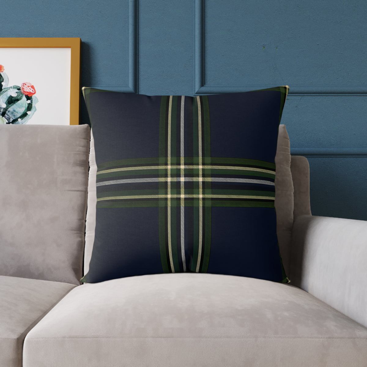 Green Navy Black Beige White Plaid Throw Pillow | Square Poly Canvas Pillow
