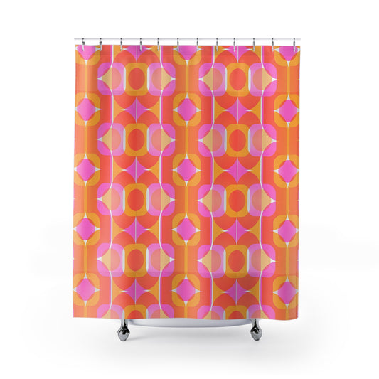 Retro Geometric Pattern Shower Curtain 70s Orange Pink Mid Century
