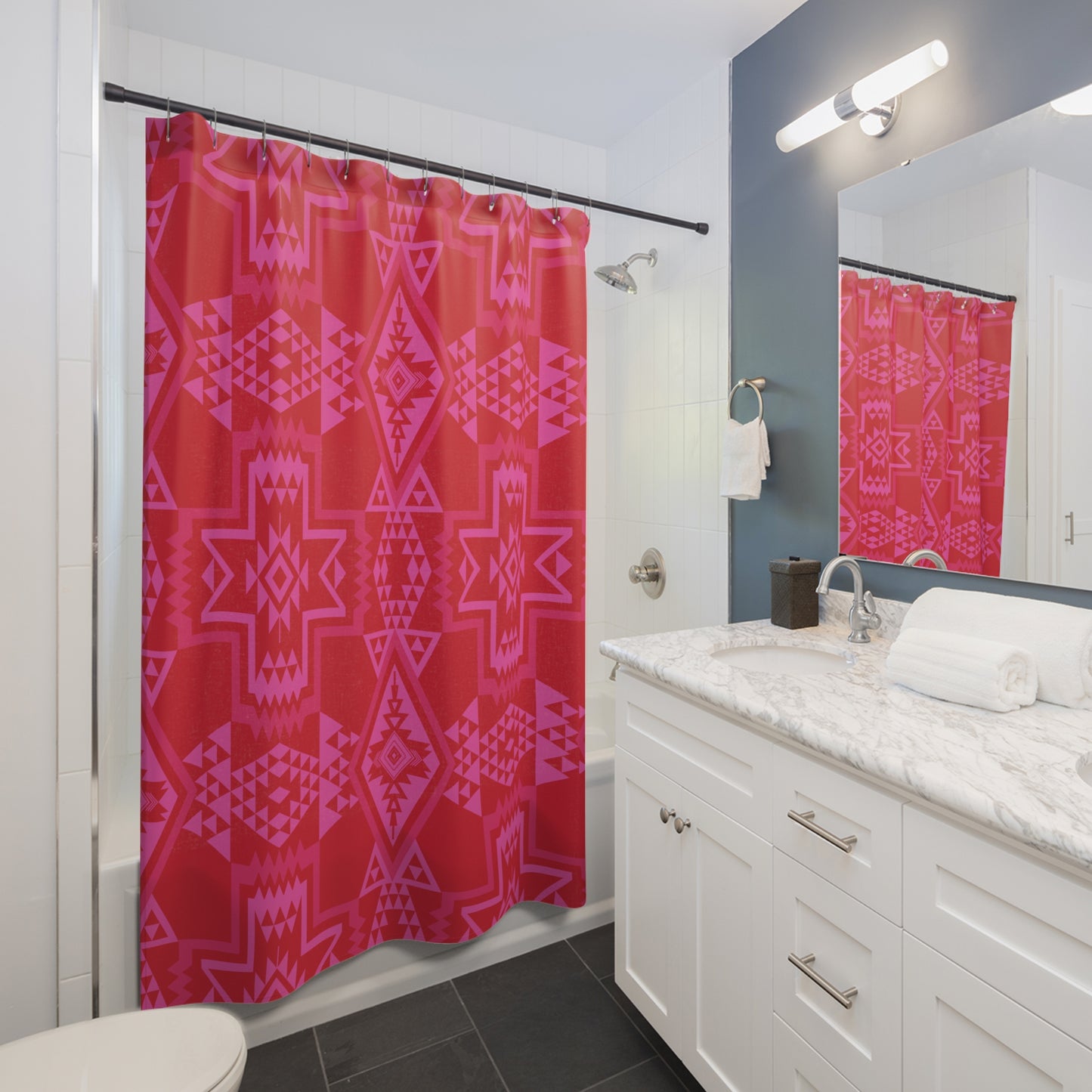 Red Pink Southwestern Geometric Shower Curtain | Aztec Diamond Pattern