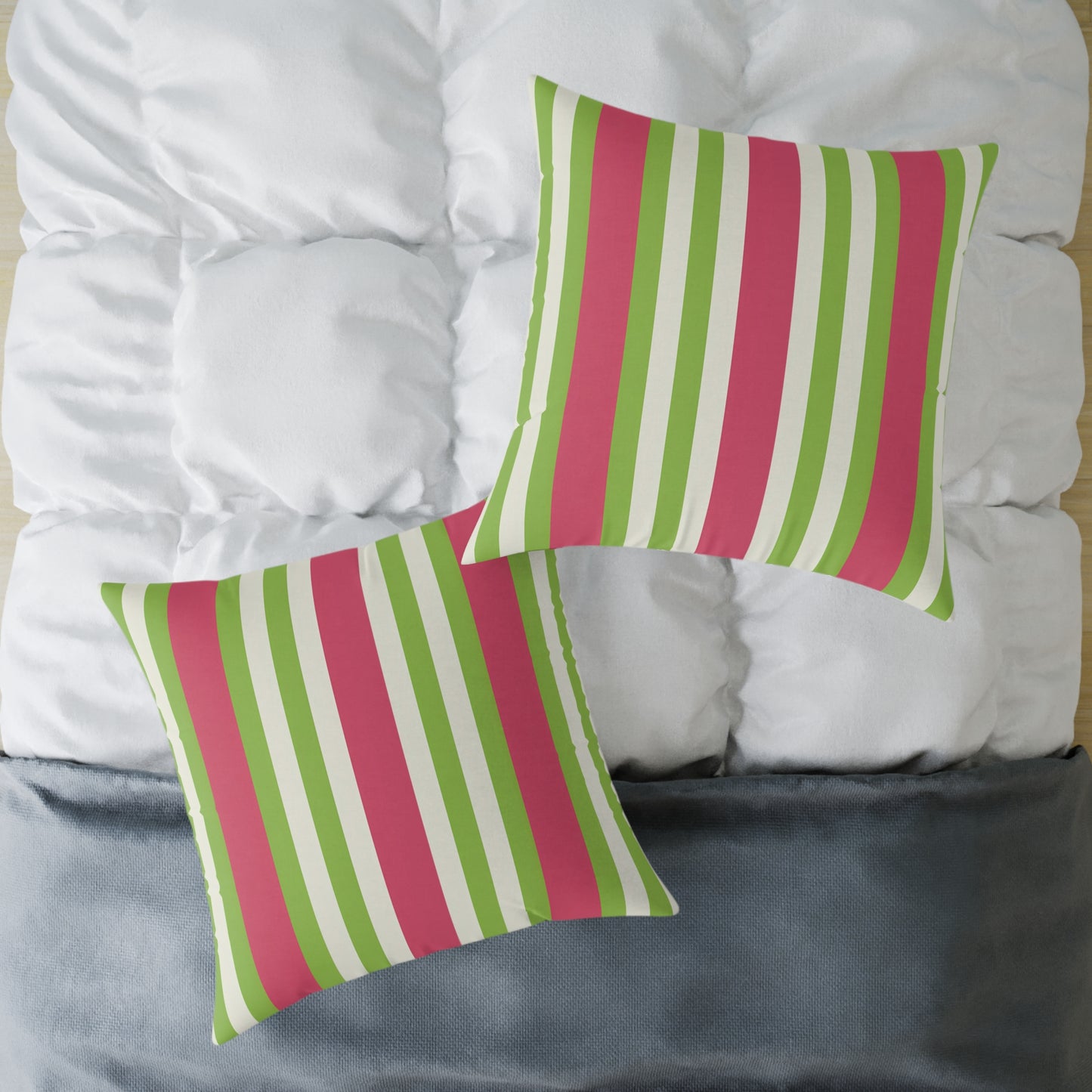 Watermelon Pink Green Vertical Stripe Pillow | Square Poly Canvas Pillow