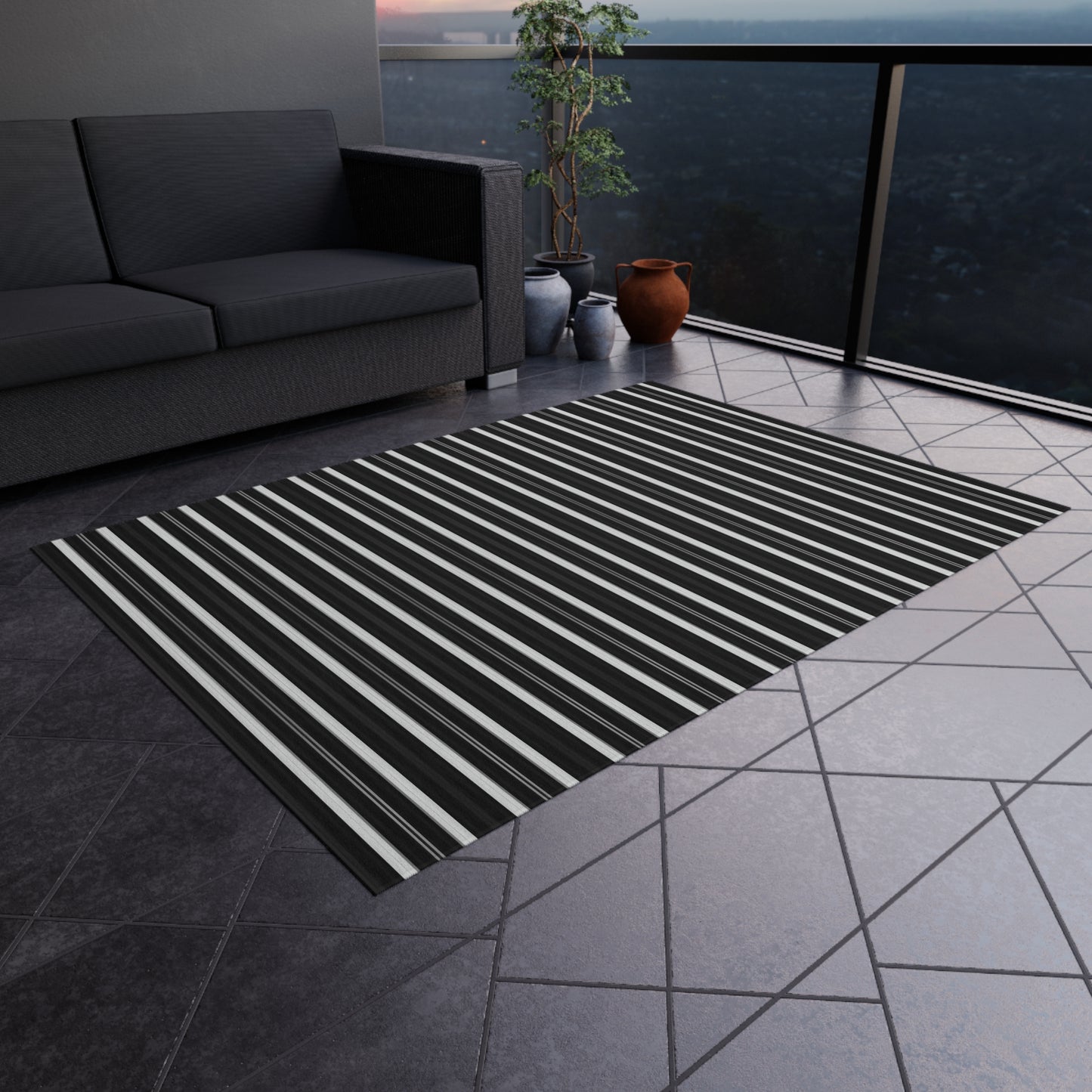 Black White Stripe Indoor/Outdoor Rug | Modern Patio Mat, Reversible Striped Floor Rug