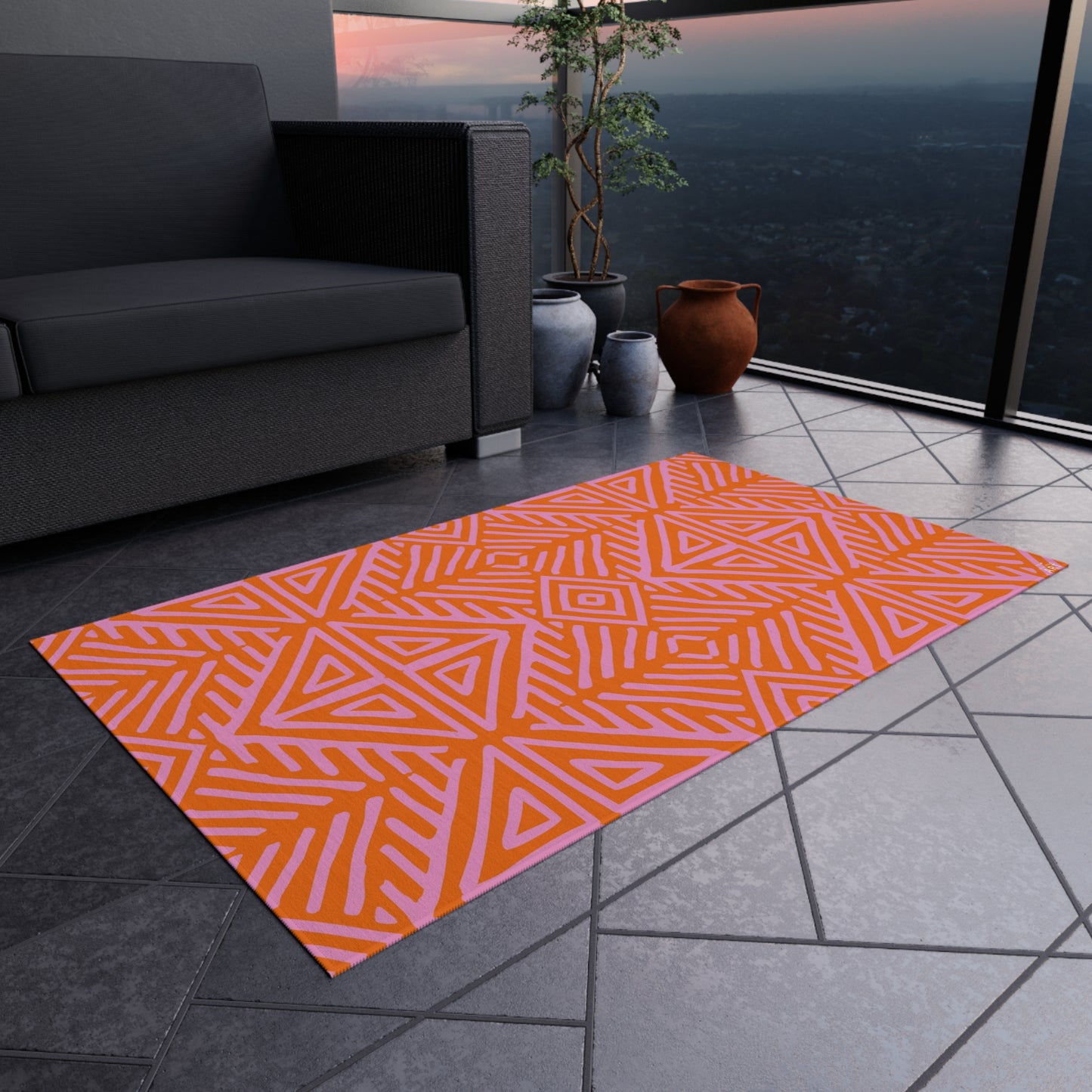 Orange and Pink Geometric Tribal Pattern Outdoor Rug | Water-Resistant Patio Mat