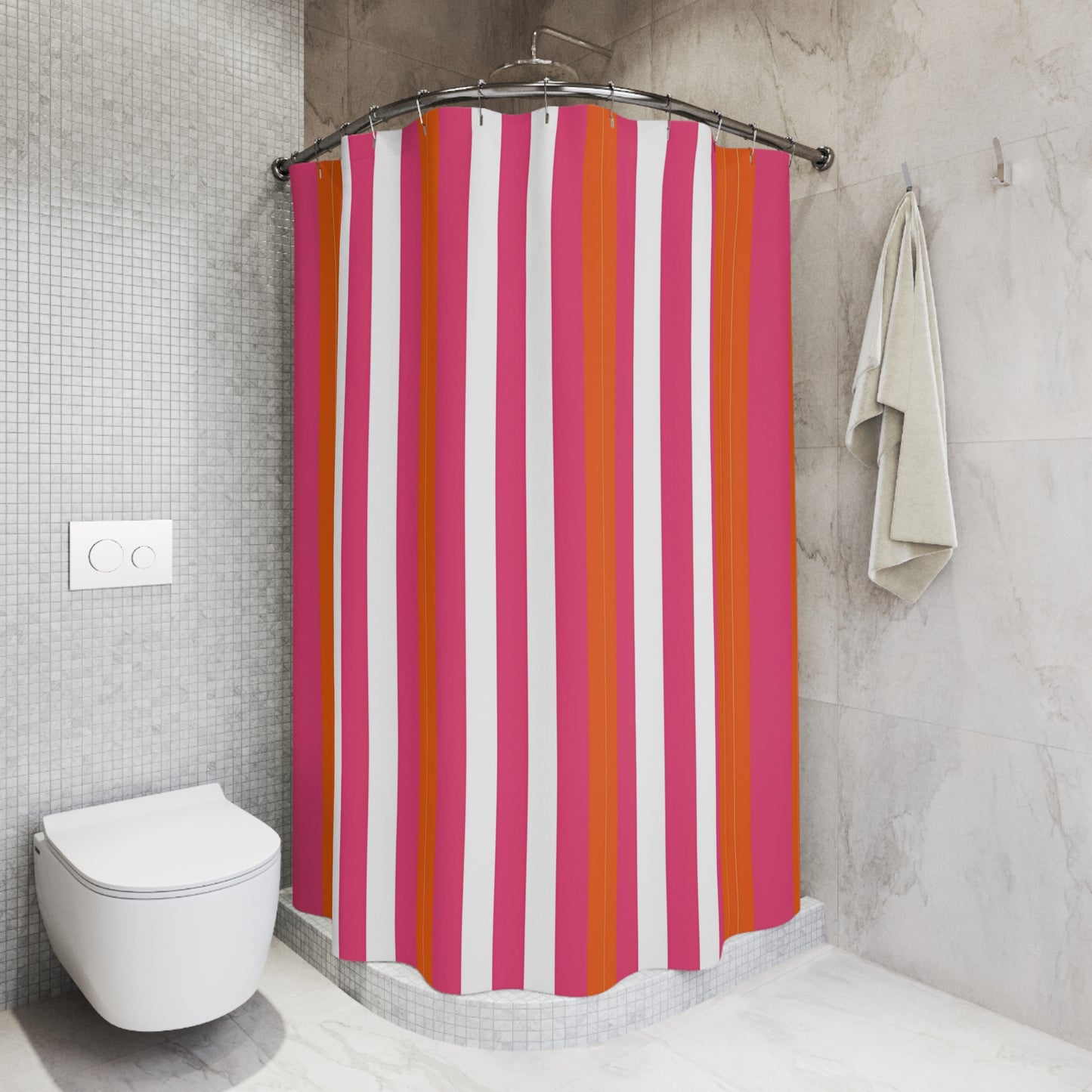 Bold Pink Orange Striped Shower Curtain | Vertical Stripe Bath Curtain