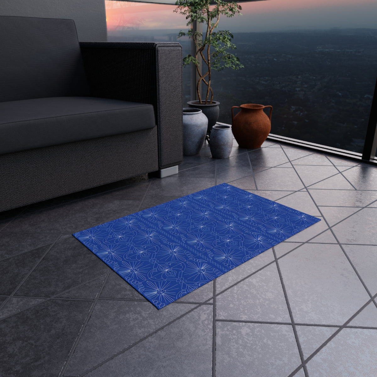 Cobalt Blue Geometric Floral Pattern Outdoor Rug | Patio Mat