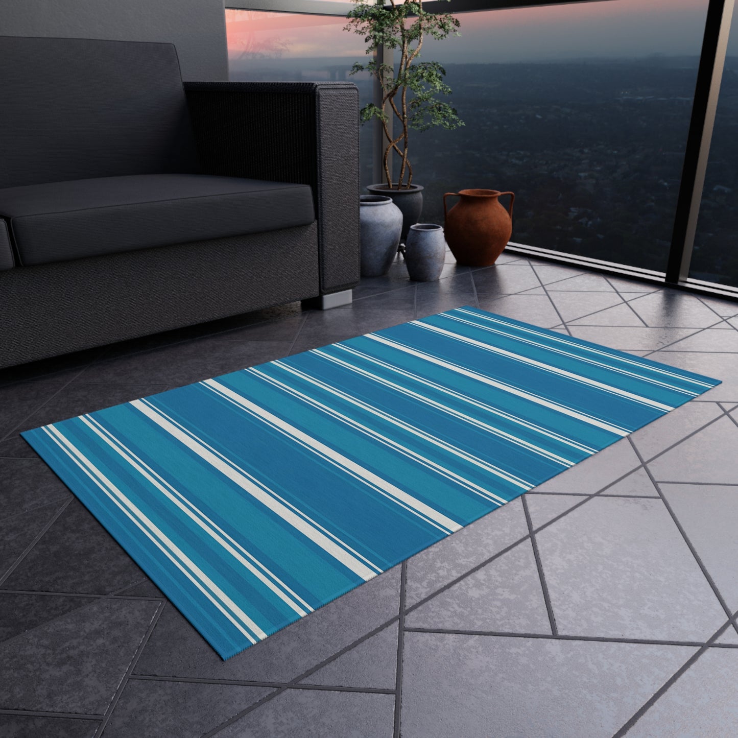 Blue Stripe Outdoor/Indoor Rug | Patio Mat, Coastal Striped Porch Rug