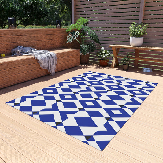 Blue Geometric Diamond Pattern Outdoor/Indoor Rug | Patio Mat, Modern Navy Black White Design