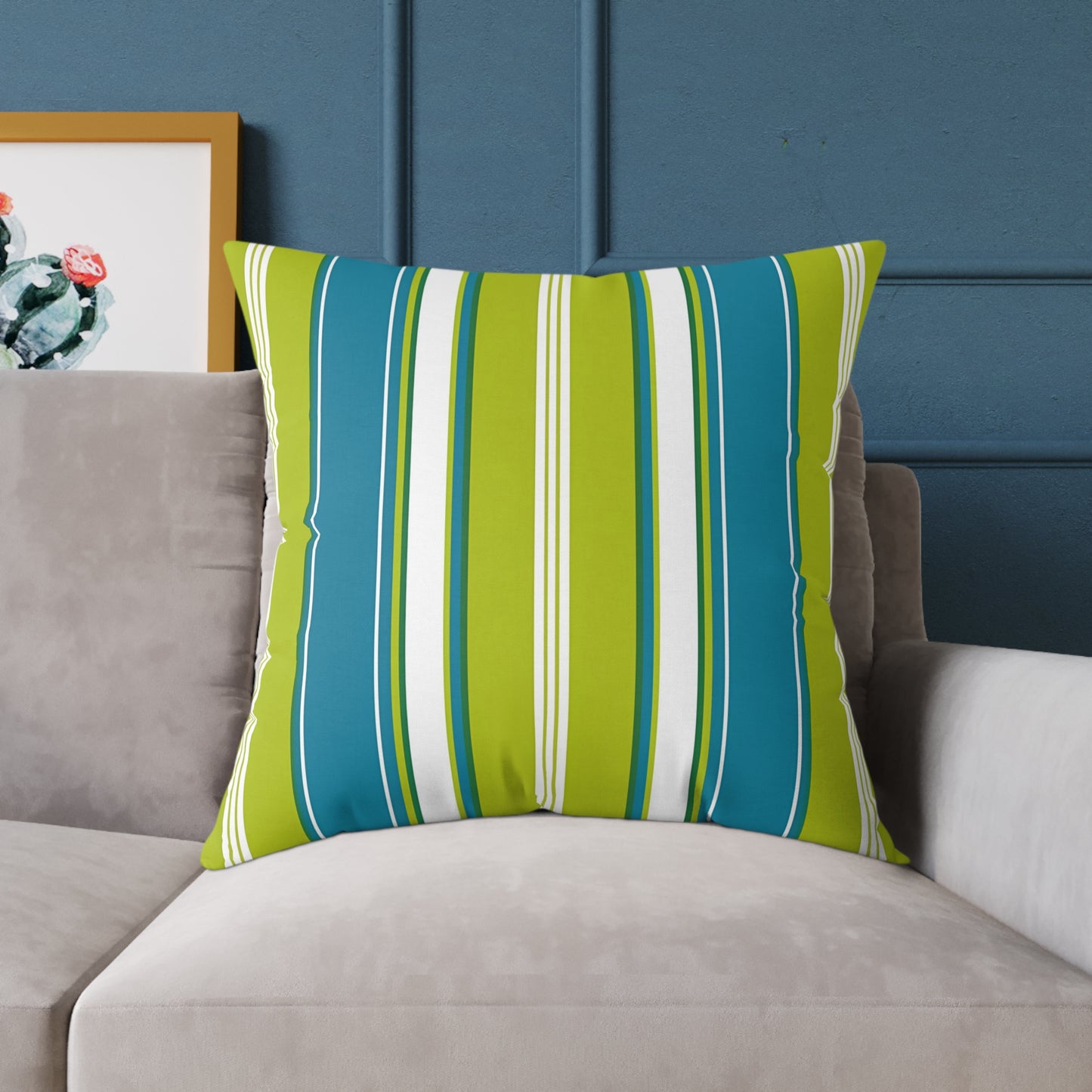 Cerulean Blue Lime Green White Stripe Throw Pillow | Square Poly Canvas Coastal