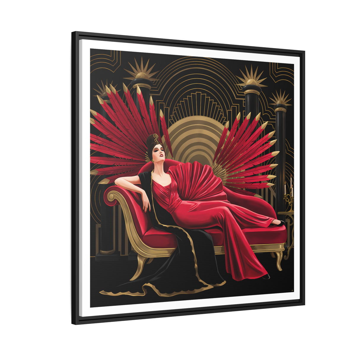 Art Deco Lady with Red Feathers Matte Canvas Framed Wall Art