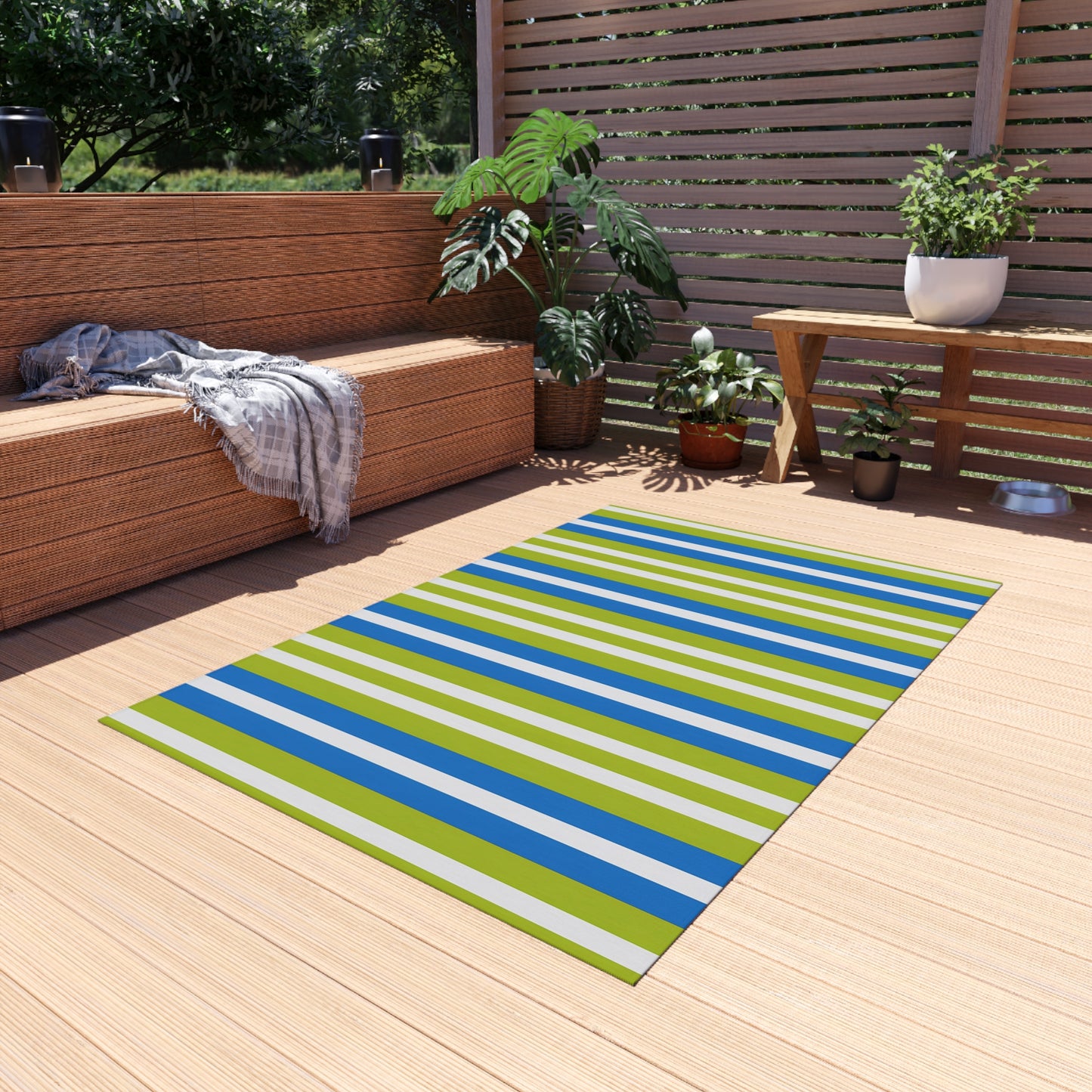 Blue Green White Striped Outdoor/Indoor Rug | Patio Mat, Weatherproof Poolside Runner