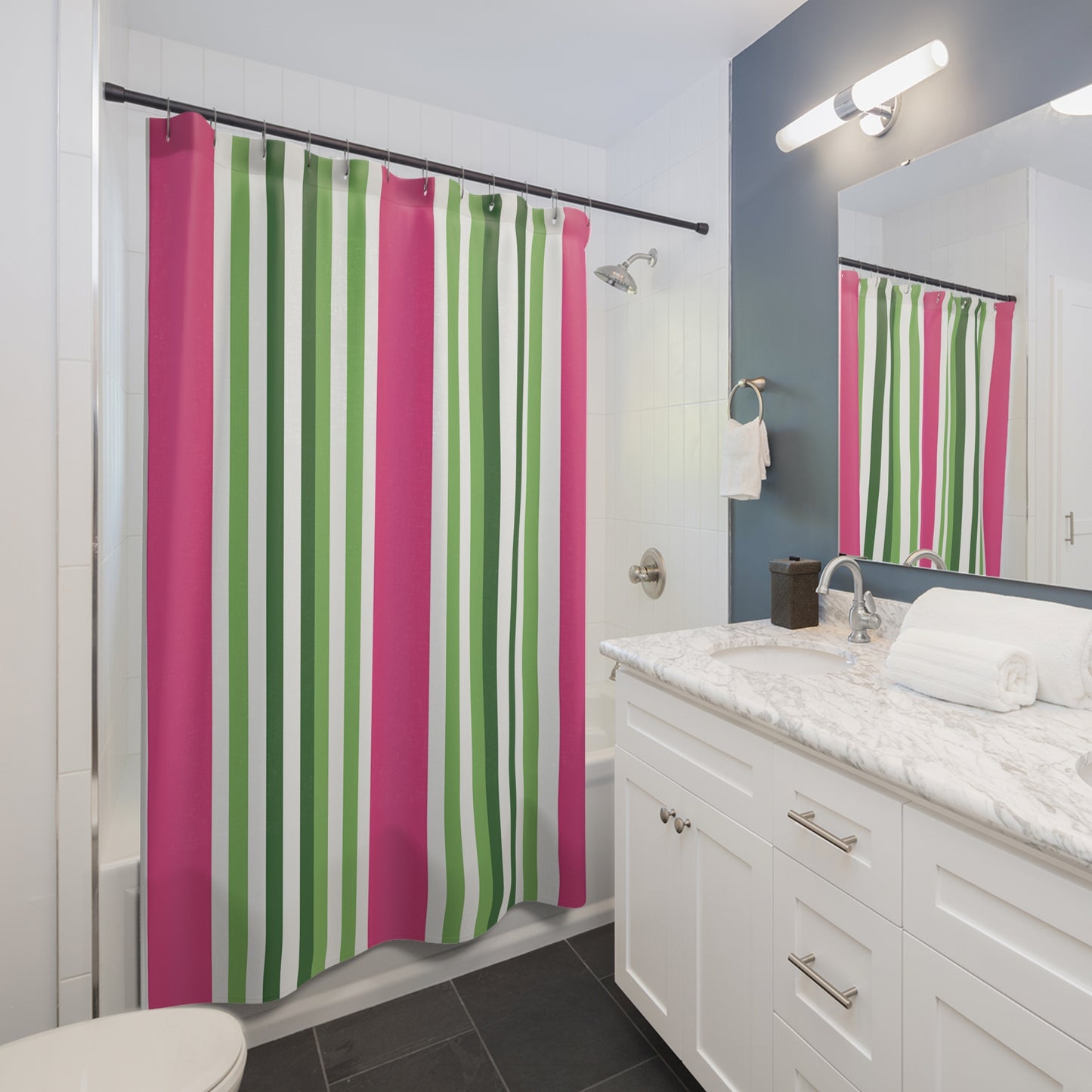 Pink and Green Striped Shower Curtain | Vertical Holiday Stripe Bathroom Decor