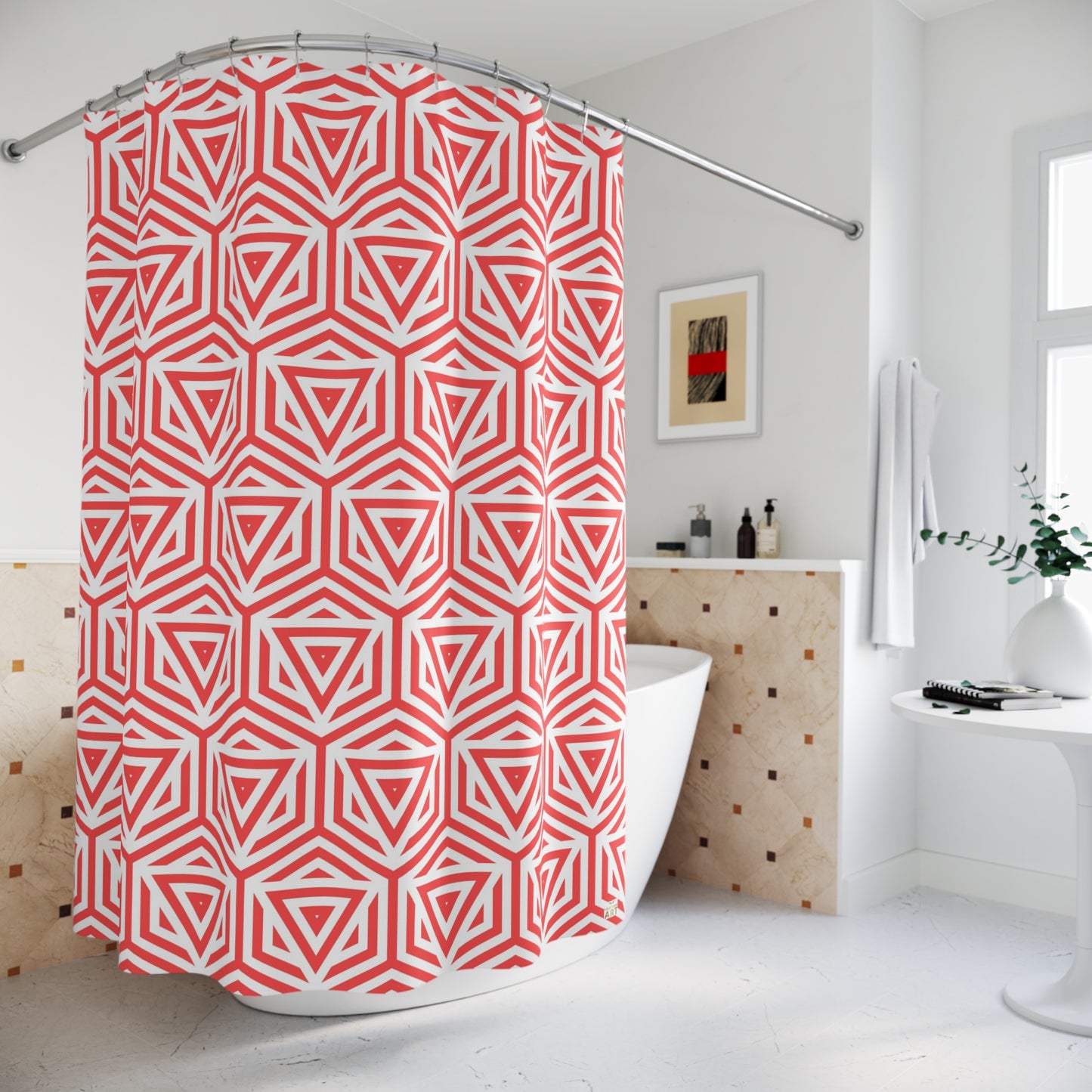 Red Geometric Triangle Pattern Shower Curtain | Modern Bath Decor, Stylish Home Accessory, Gift for Her, Unique Shower Curtain