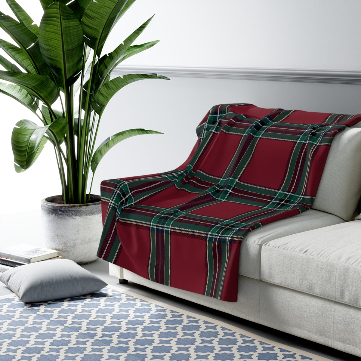 Red Green Black White Beige Tartan Plaid Sherpa Blanket | Cozy Holiday Plaid Throw