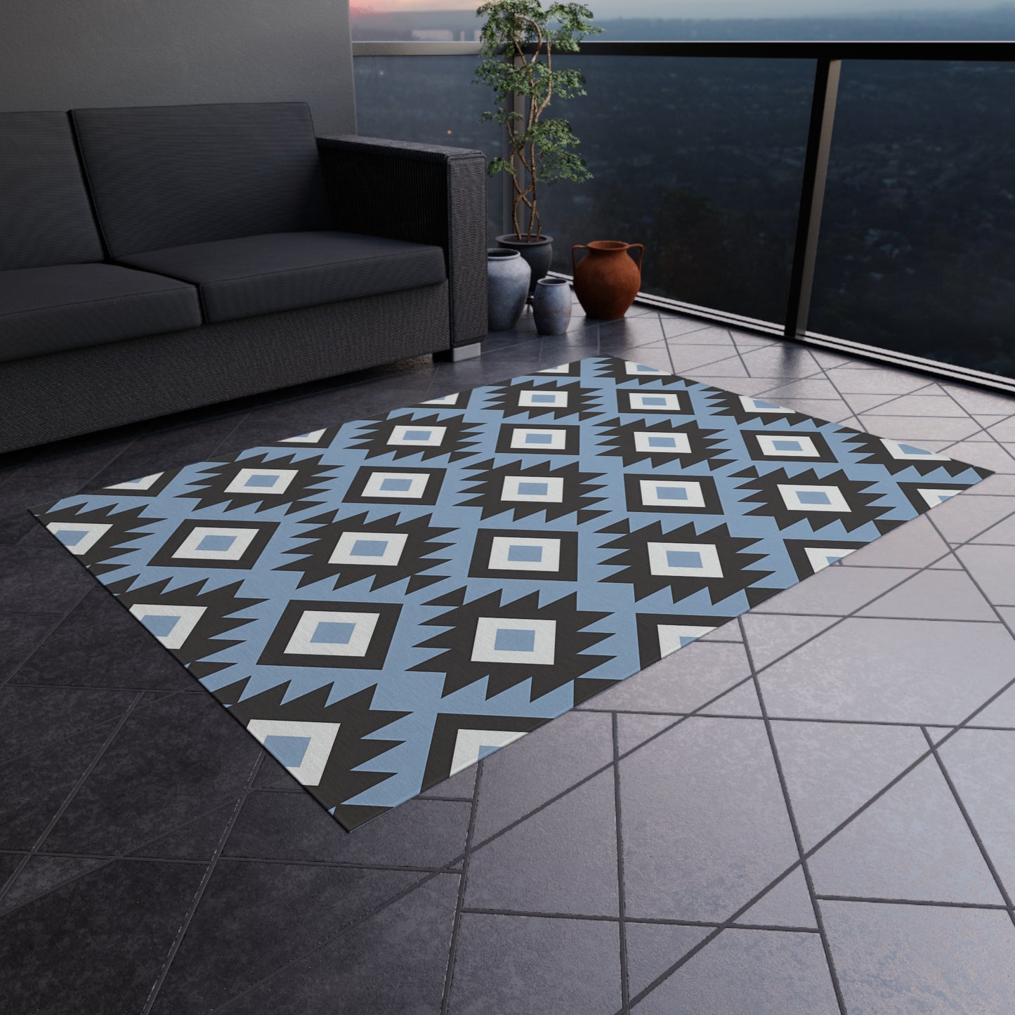 Southwestern Diamond Pattern Outdoor/Indoor Rug | Blue Black Geometric Patio Mat