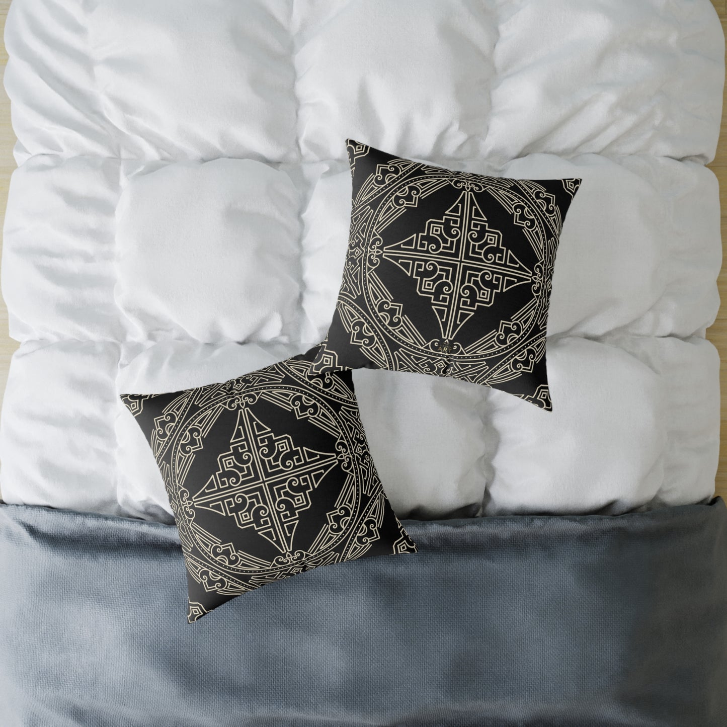 Black and Off-White Geometric Celtic Knot Square Pillow | Poly Canvas Throw Pillow