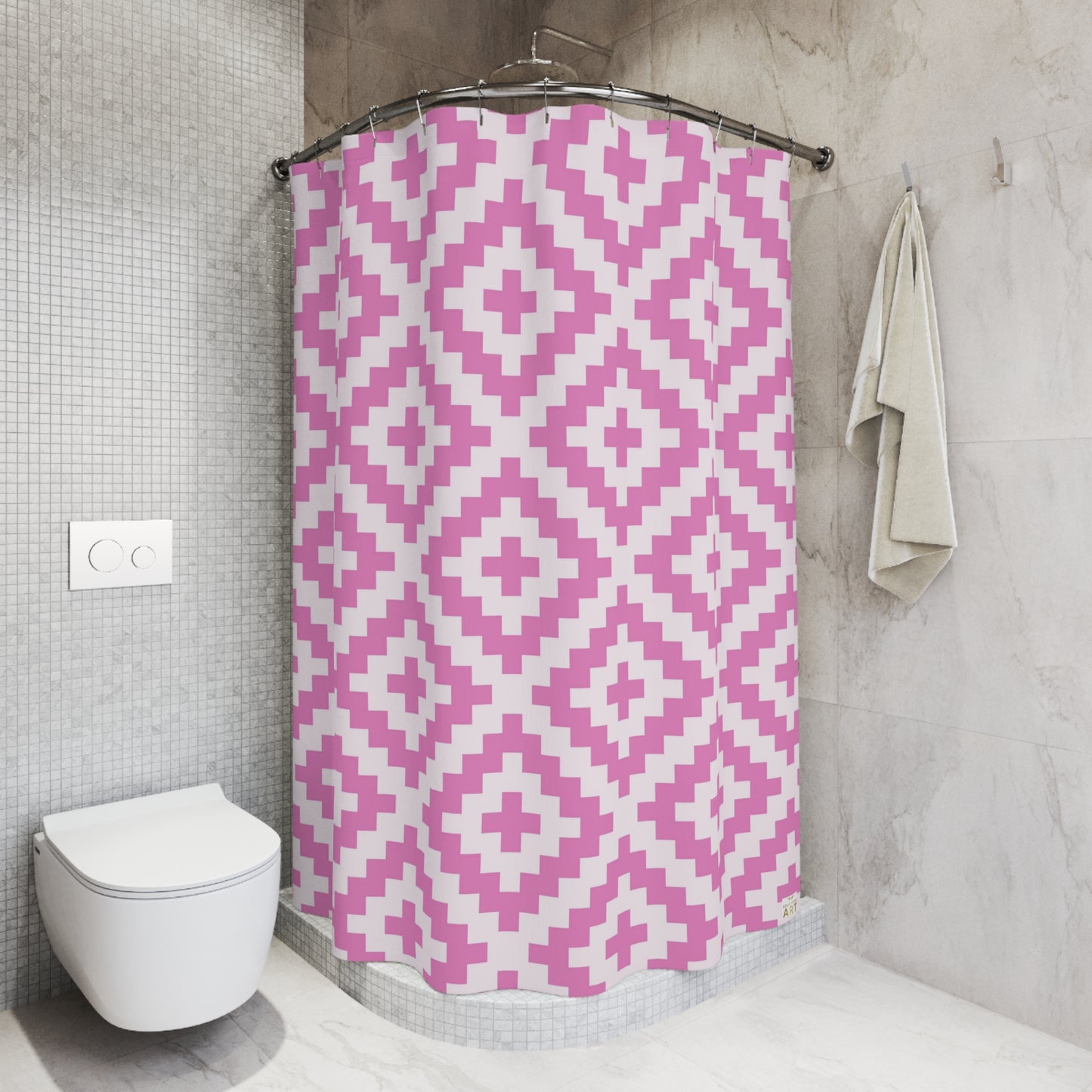 Pink White Geometric Diamond Pattern Shower Curtain | Pixel Boho Aztec Bath Decor