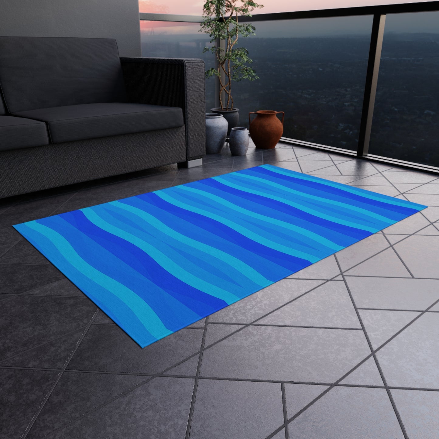 Blue Wave Stripe Outdoor Rug | Coastal Patio Mat
