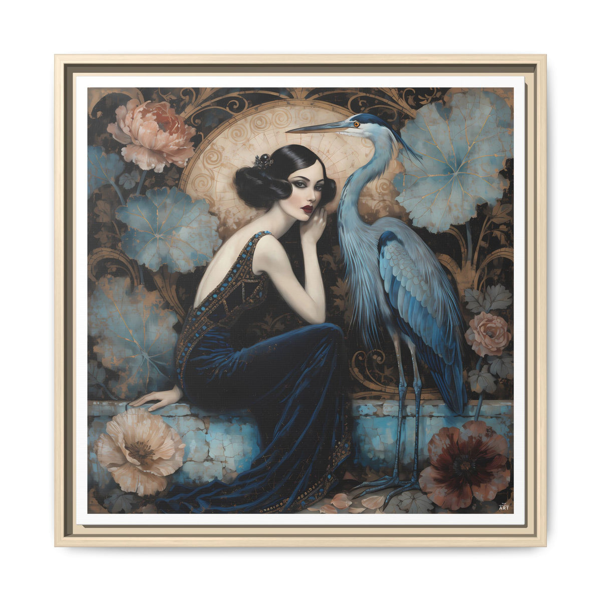 Art Deco Lady with Blue Heron Framed Canvas Wall Art