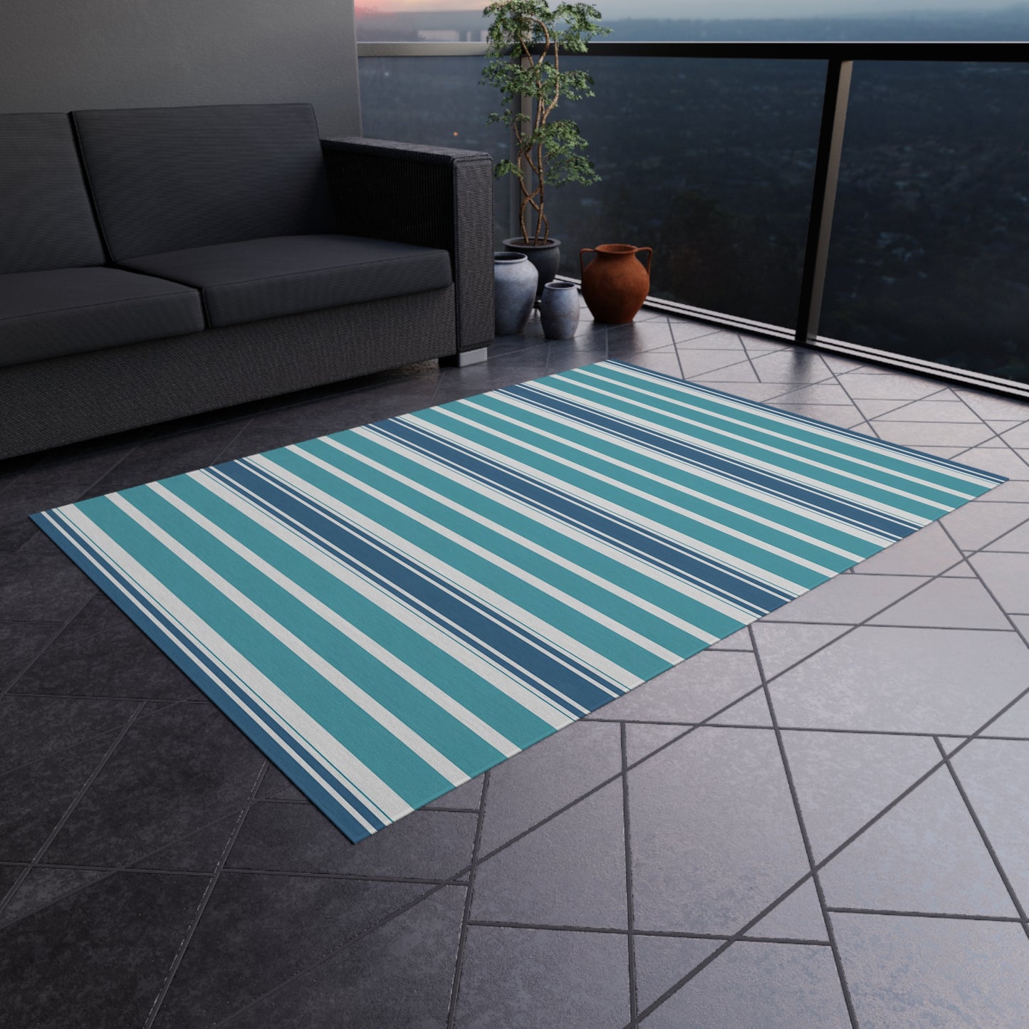 Blue Teal White Stripe Outdoor/Indoor Rug | Patio Deck Mat
