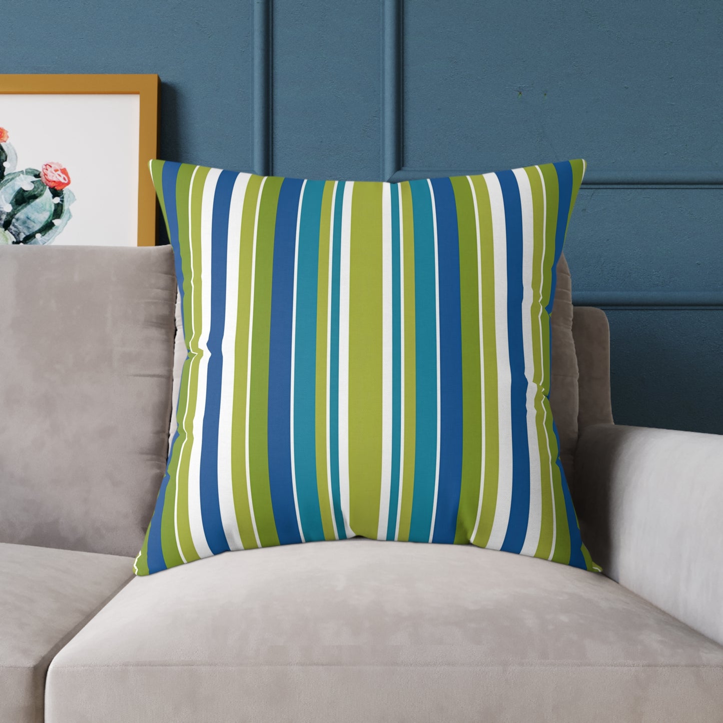 Blue Green White Vertical Stripe Square Pillow | Nautical Coastal Throw Cushion