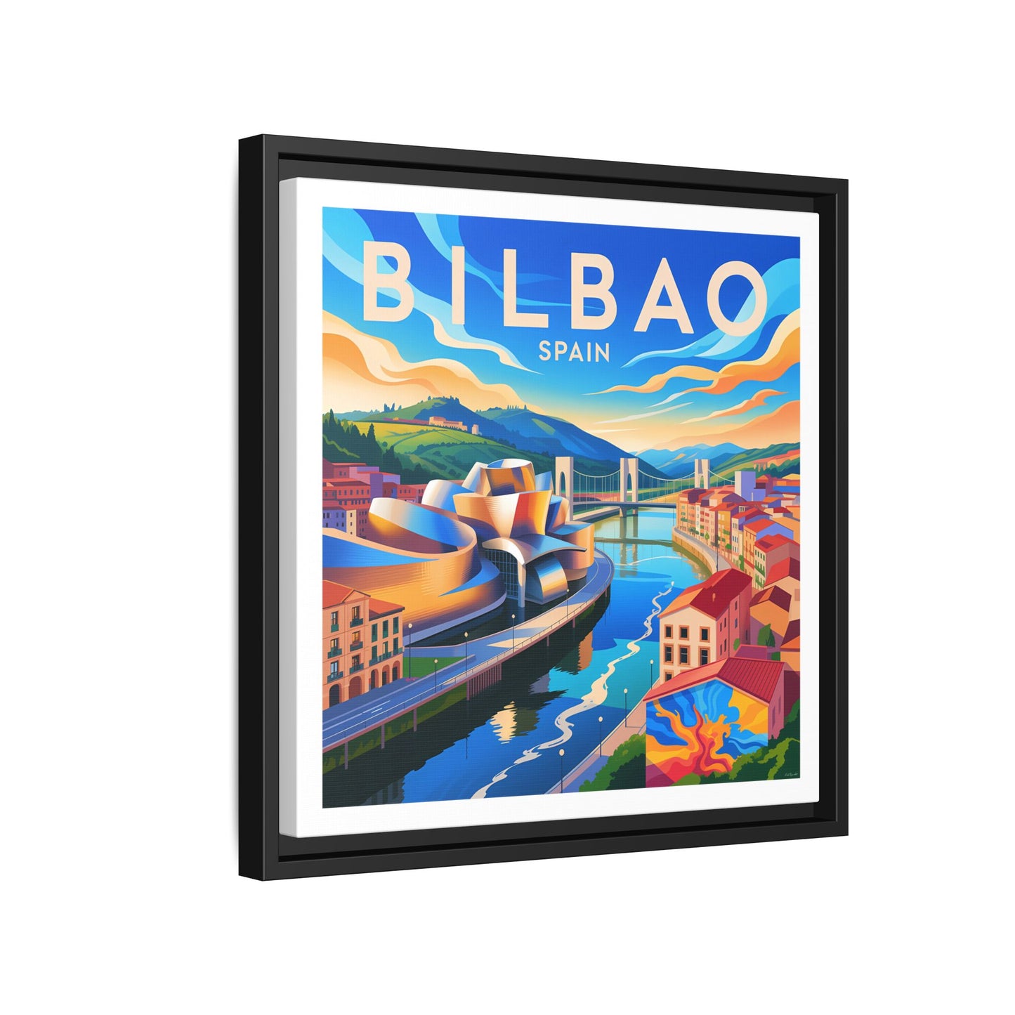 Bilbao Spain travel art Matte Canvas Framed | Bilbao cityscape wall art