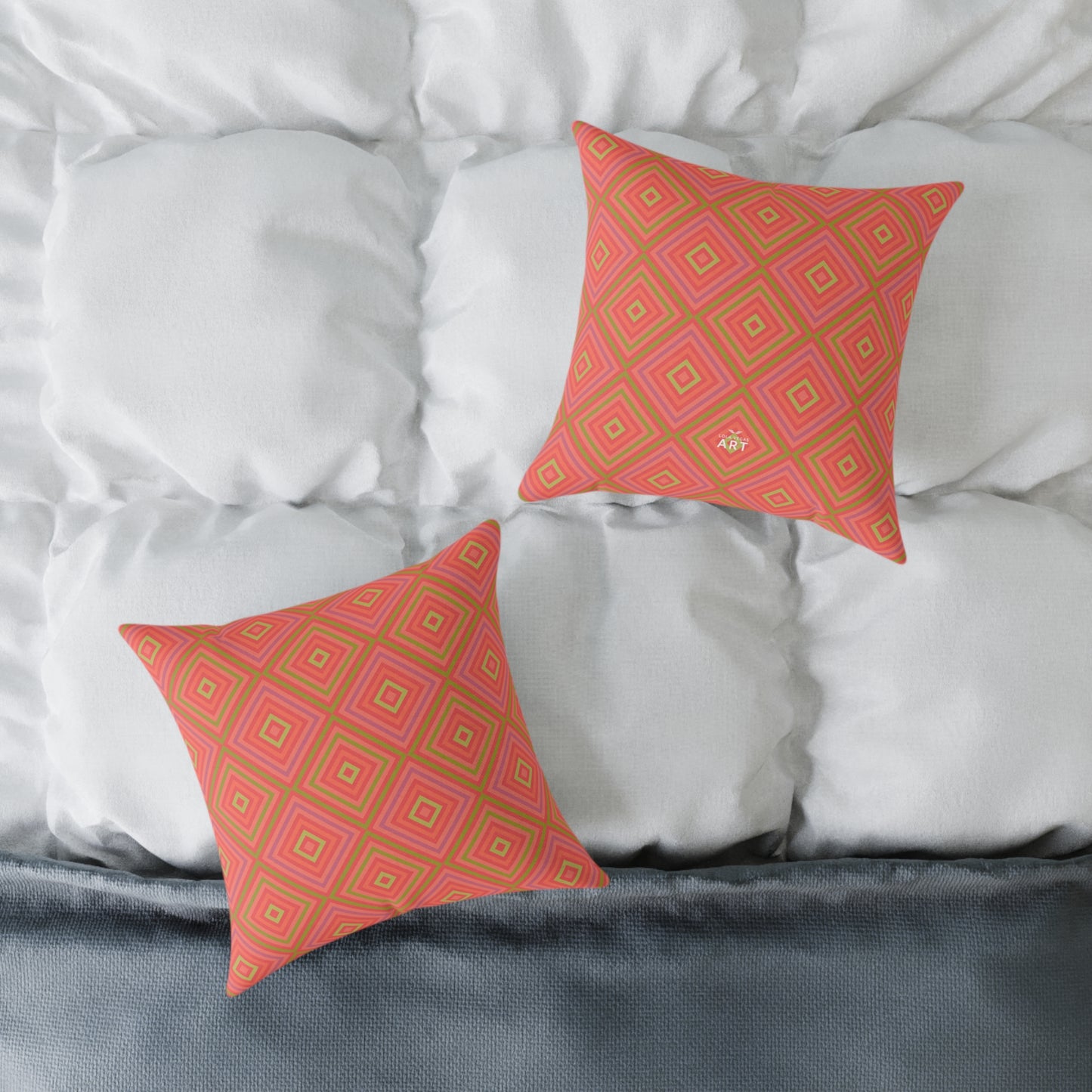 Geometric Diamond Pattern Square Pillow | Coral Orange Pink Accent