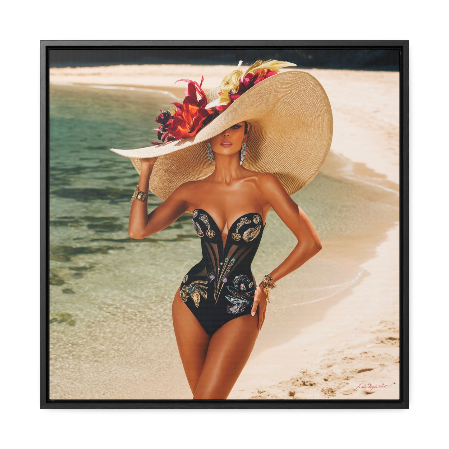 Square Frame Canvas Wall Art, Exotic Woman on Beach in Swimsuit, Retro Glamorous Decor, Gallery Prints, Sunhat Photography, Fine Art Home