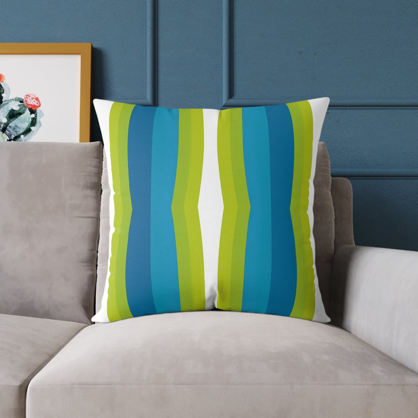 Blue Green Striped Wave Square Poly Canvas Pillow | Modern Geometric Throw Pillow