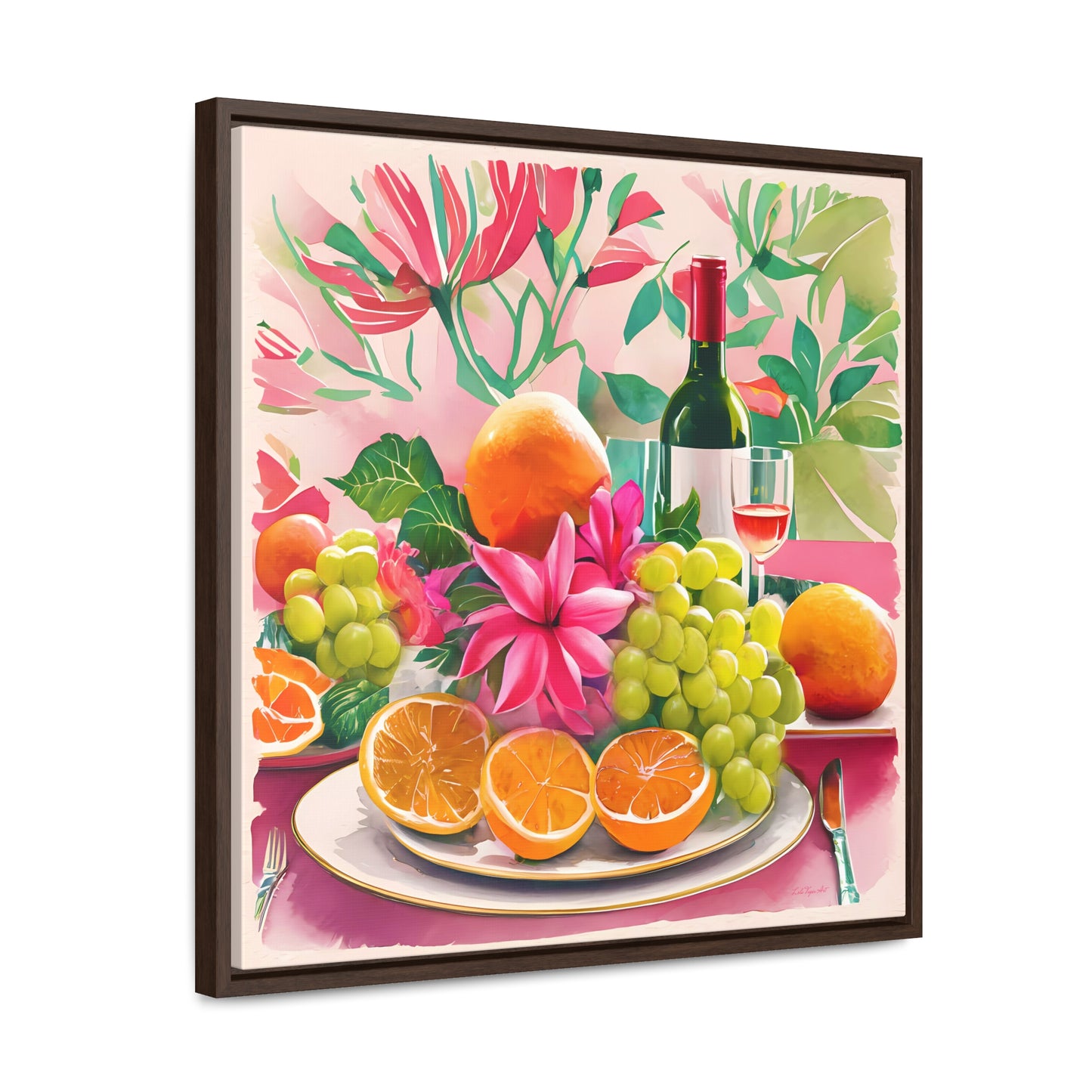 Feminine Square Wall Art, Gallery Canvas Wraps for Sunday Brunch, Pink Decor, Fruit Flowers Champagne, Gift for Her, Home Decor, Square