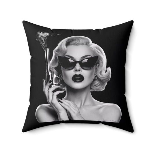 Square Pillow, Retro Femme Fatale Smoking Revolver Square Throw Pillow, Film Noir Hollywood Regency Glamorous Home Decor, Black Sunglasses