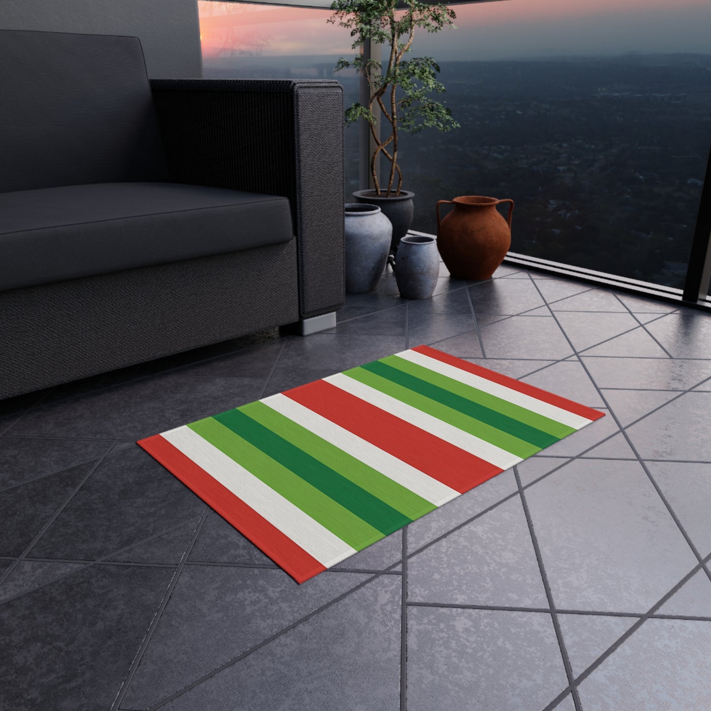 Red White Green Stripe Outdoor Rug | Patio Deck Mat