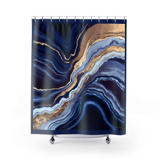 Geode Layers Shower Curtain, Blue Gold White Bathroom Decor, Unique Printed Bath Curtain, Luxury Spa Ornaments, Elegant Bathroom Accessories