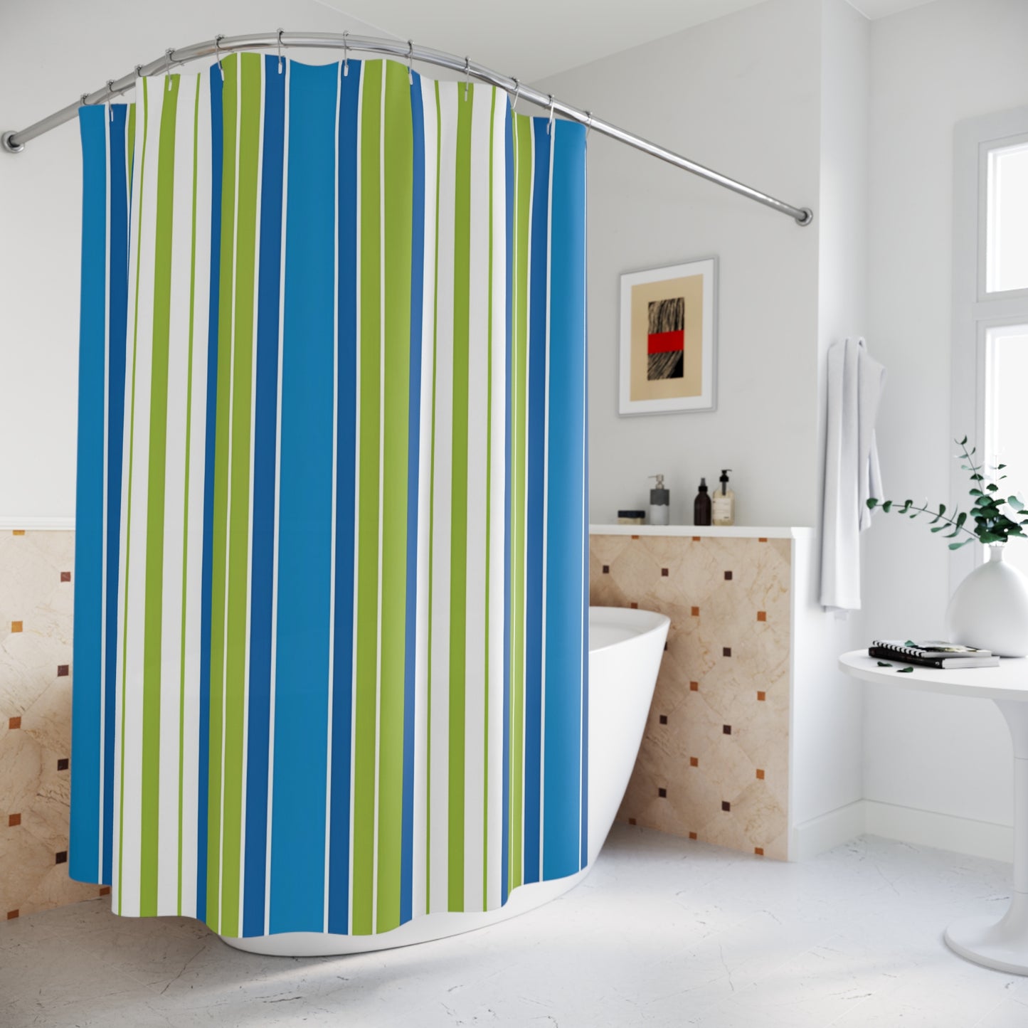 Blue Green Vertical Stripes Shower Curtain | Nautical Bathroom Stripe