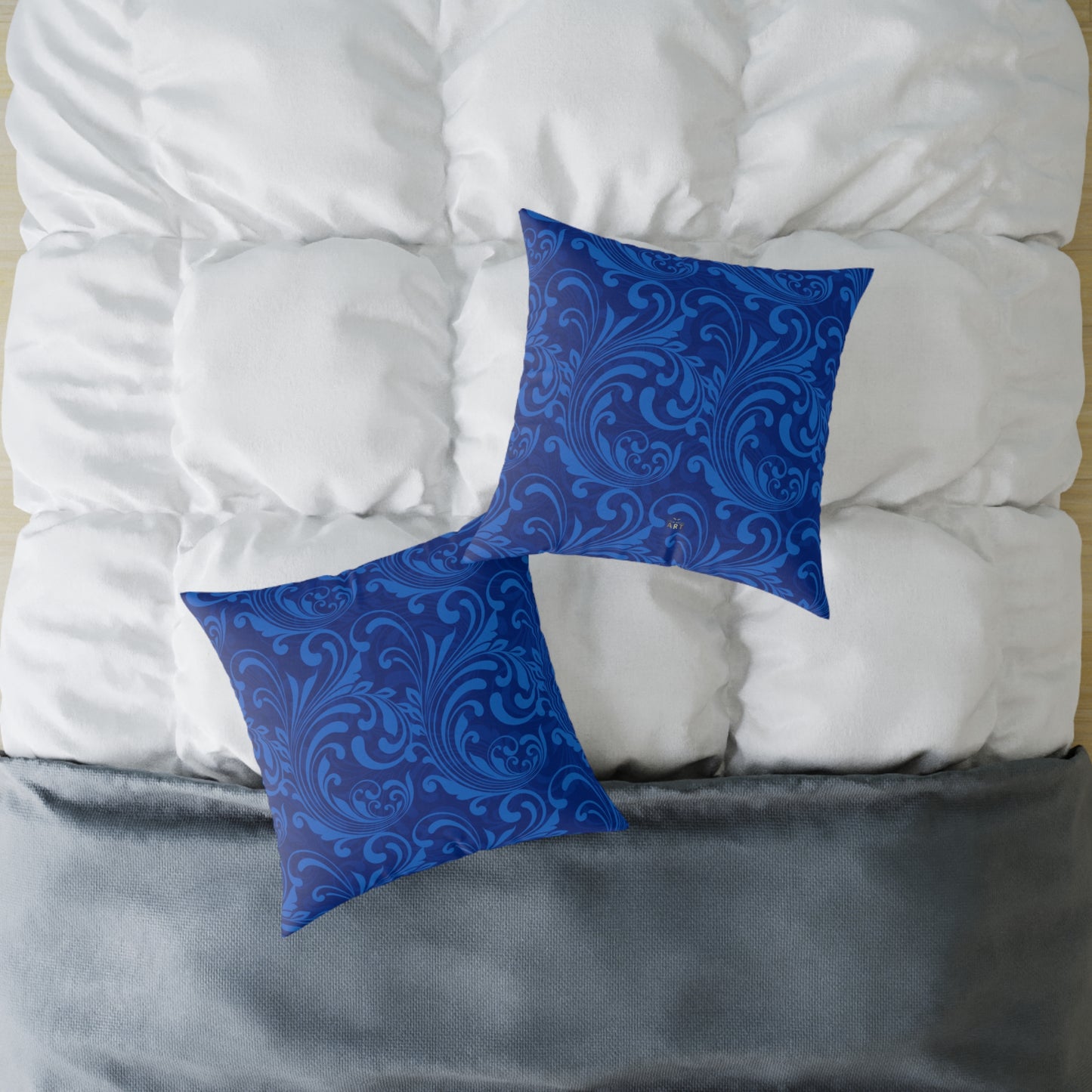 Blue Damask Scroll Pattern Square Pillow | Ornamental Floral Throw Pillow