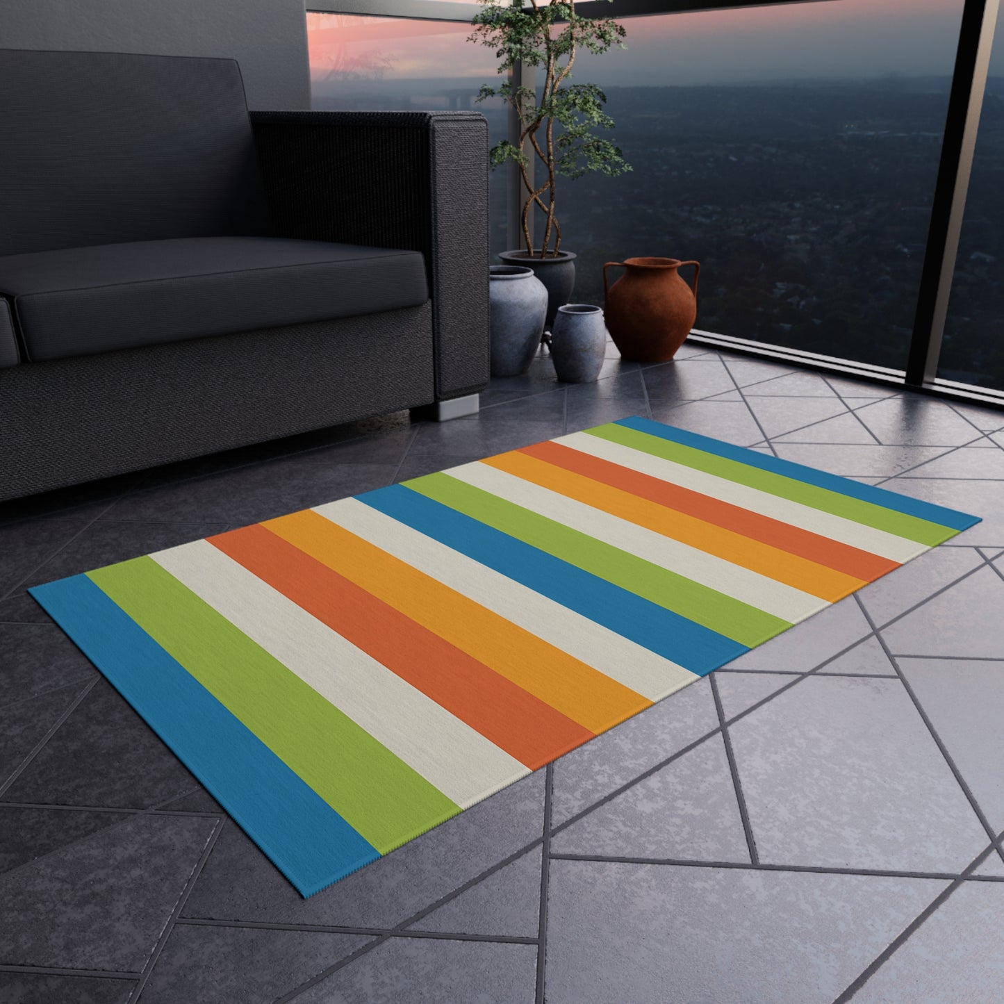 Colorful Vertical Stripes Outdoor/Indoor Rug | Patio Mat, Blue Orange Green