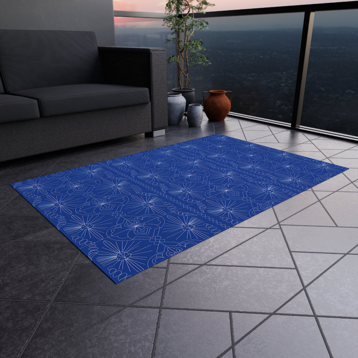 Cobalt Blue Geometric Floral Pattern Outdoor Rug | Patio Mat