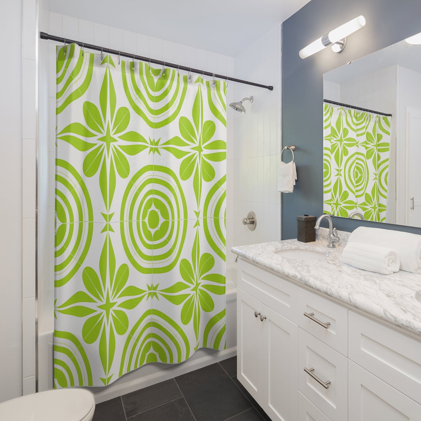 Green Retro Floral Pattern Shower Curtain | Mid Century Circles