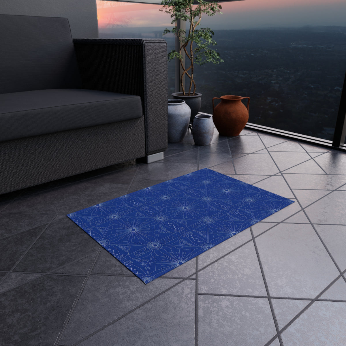 Cobalt Geometric Starburst Outdoor Rug | Patterned Patio Mat