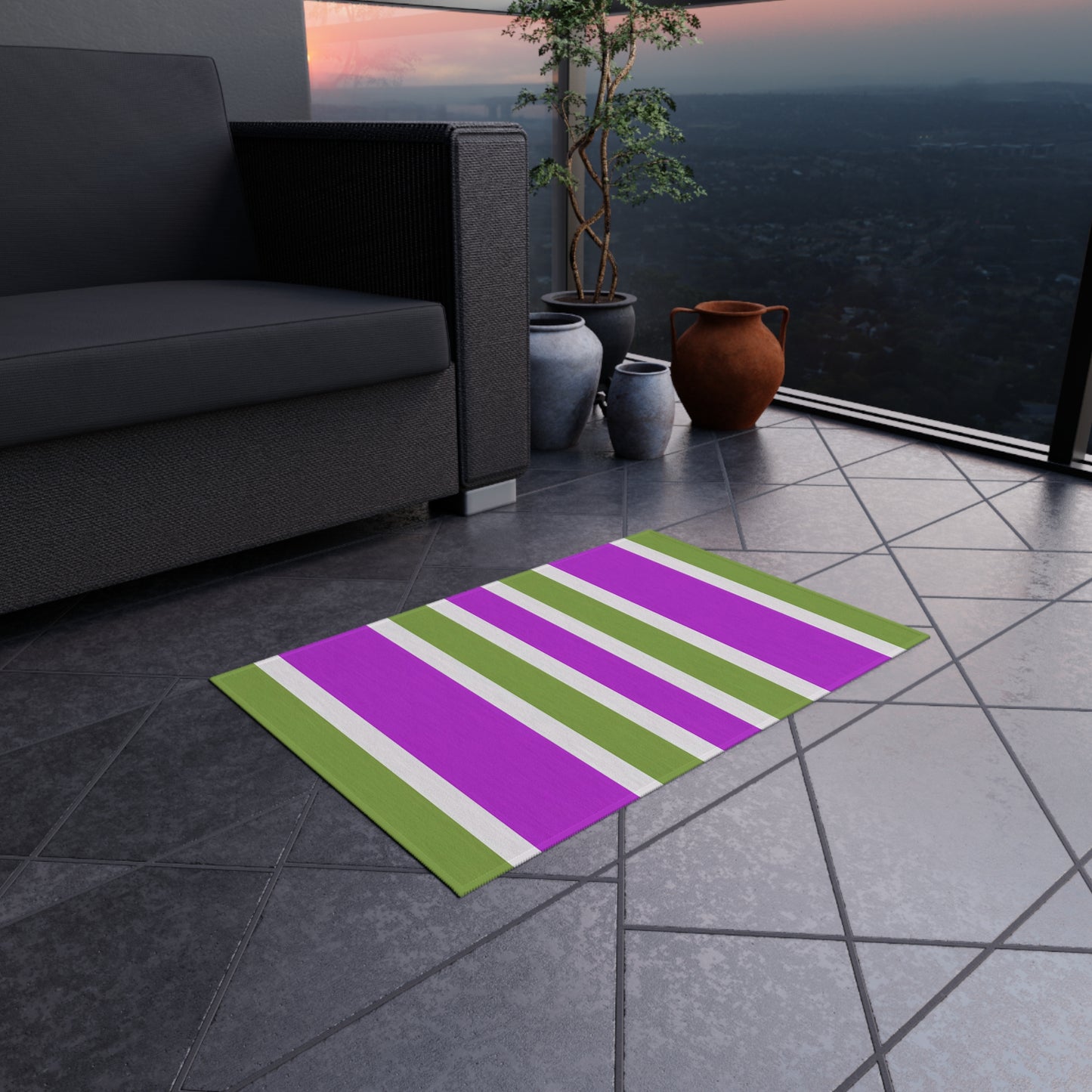 Magenta and Green Striped Outdoor Rug | Patio Mat, Weatherproof Stripe Design