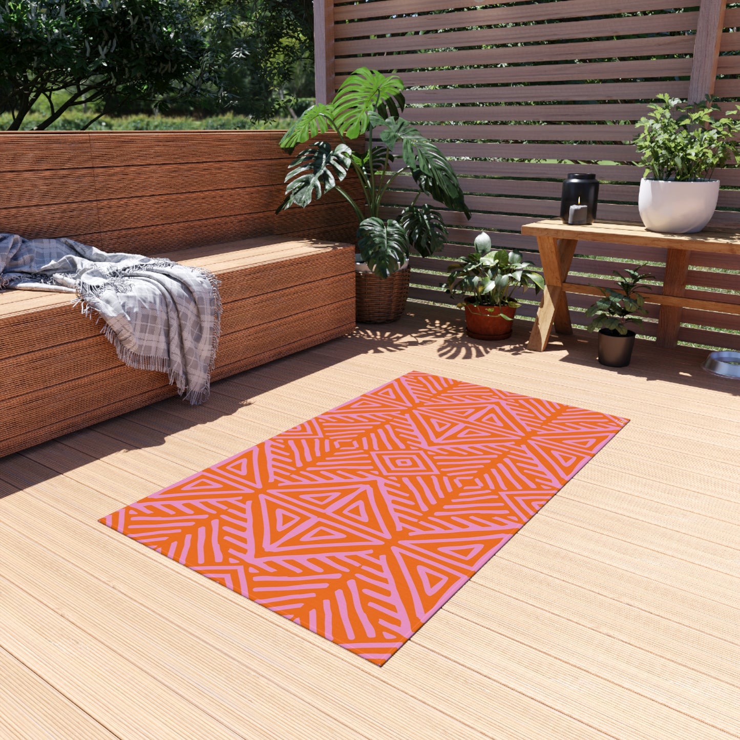 Orange and Pink Geometric Tribal Pattern Outdoor Rug | Water-Resistant Patio Mat