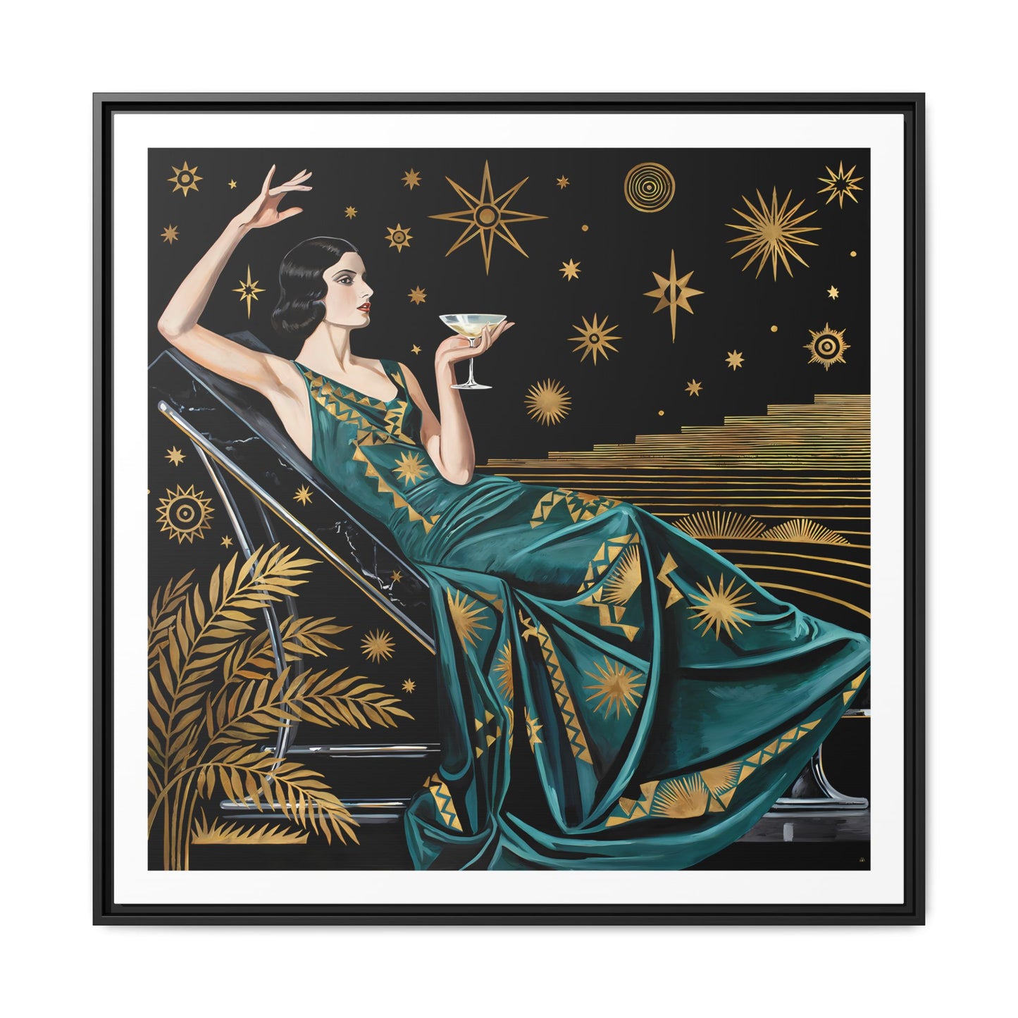 Art Deco Lady with Cocktail Matte Canvas Framed Wall Art