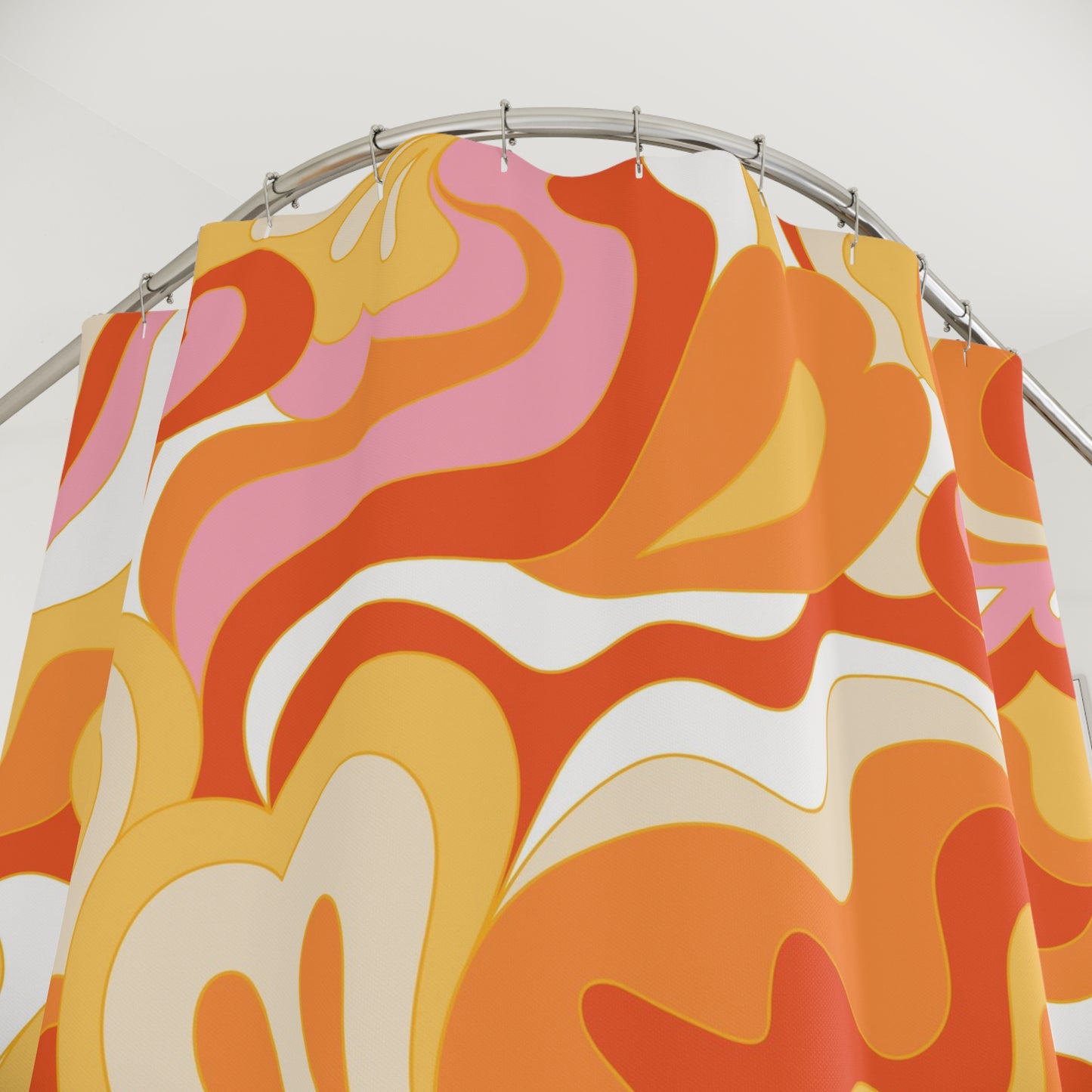 70s Retro Swirl Shower Curtain | Orange Pink Abstract Floral Pattern