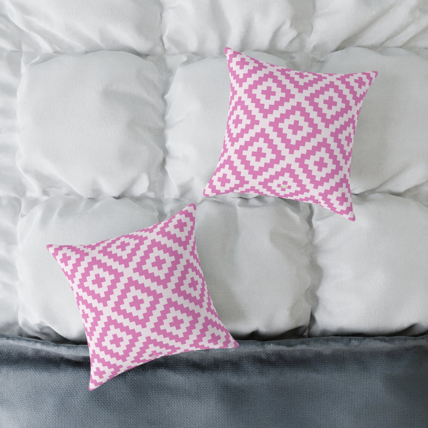 Pink White Geometric Boho Native American Diamond Pattern Pillow | Square Accent Cushion