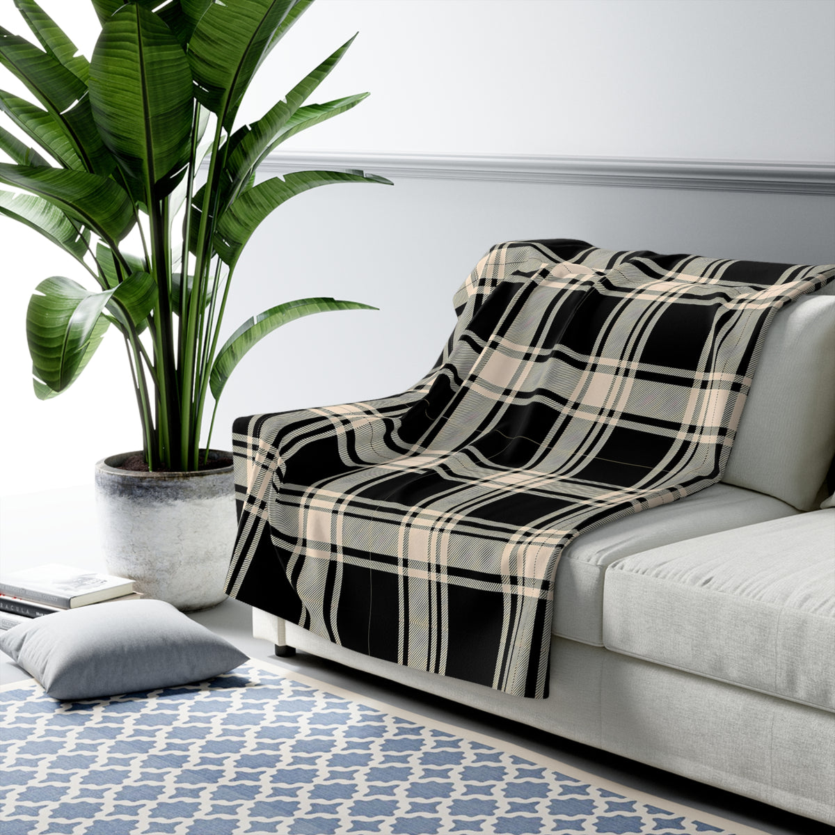 Black Beige Plaid Sherpa Fleece Blanket | Cozy Buffalo Check Throw