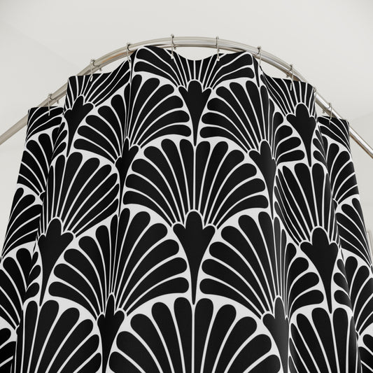 Art Deco Fan Pattern Shower Curtain | Black White Geometric Bathroom