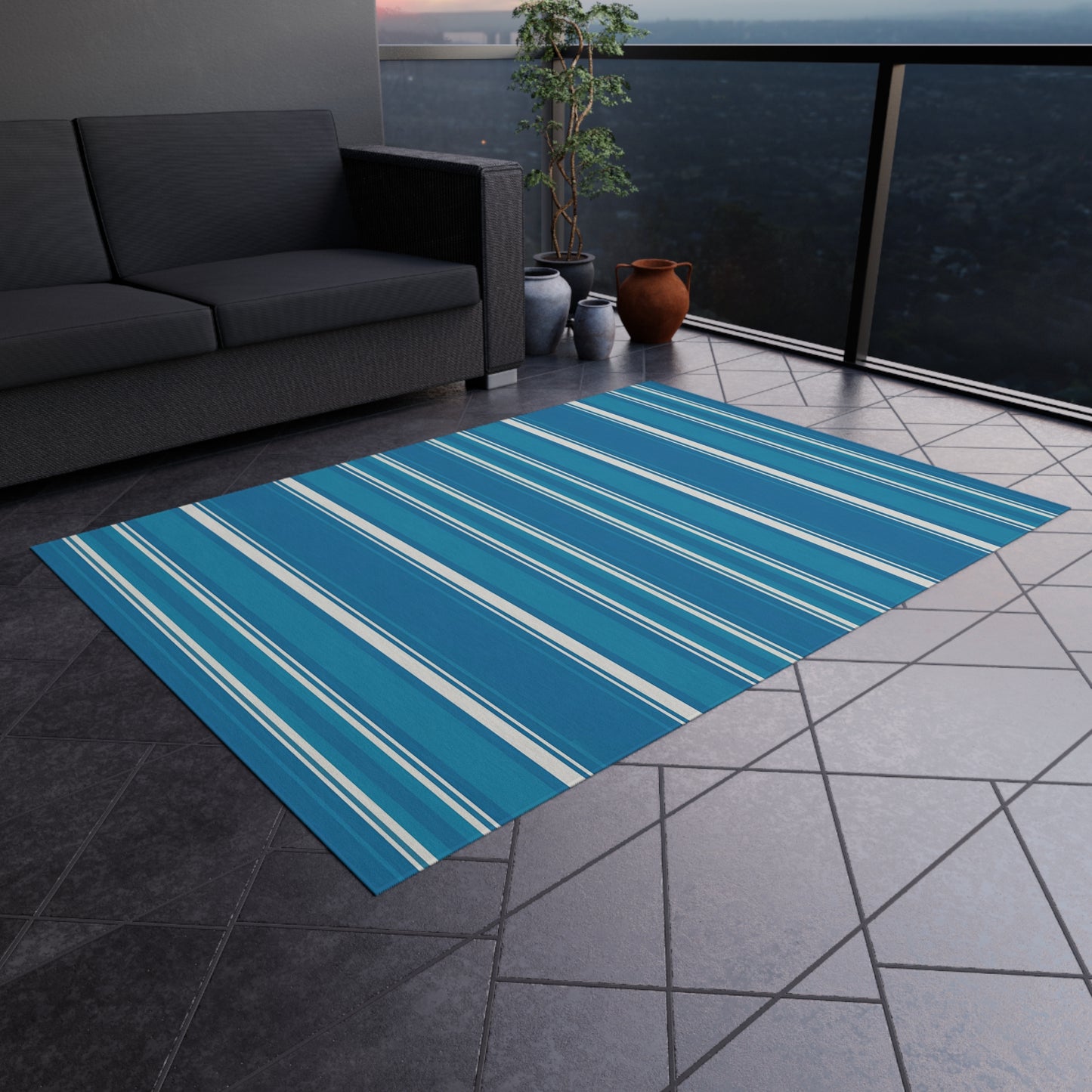 Blue Stripe Outdoor/Indoor Rug | Patio Mat, Coastal Striped Porch Rug