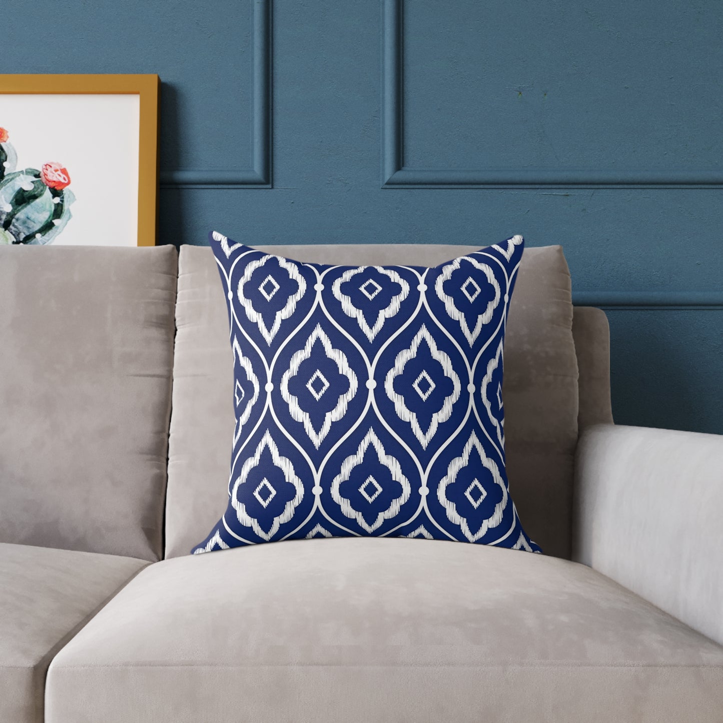 Navy and White Ikat Geometric Pattern Square Pillow | Coastal Home Decor