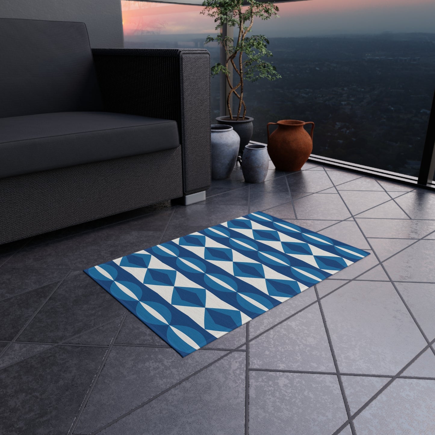 Blue White Geometric Pattern Outdoor Rug | Modern Diamond Stripe Patio Mat
